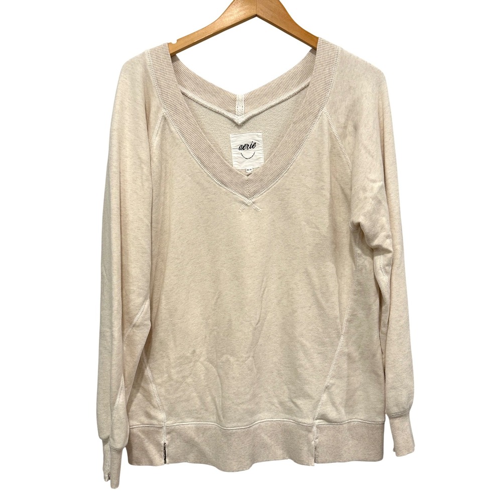 Aerie Cream V-Neck Oversized Sweatshirt Raglan Sleeve XS Off White/ Cream